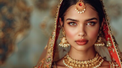 A beautiful woman dressed in a stunning red and gold costume, perfect for a festive occasion or cultural celebration
