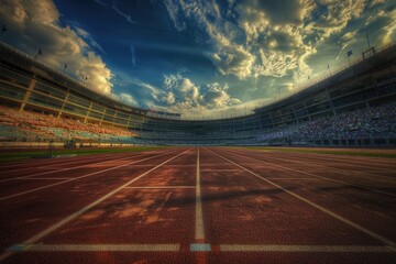 A large sports stadium with a track running through the center, ideal for athletic events or training