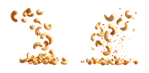 Cashews falling and scattered on a transparent background.