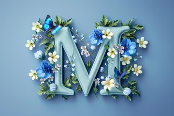 A letter M decorated with flowers and butterflies
