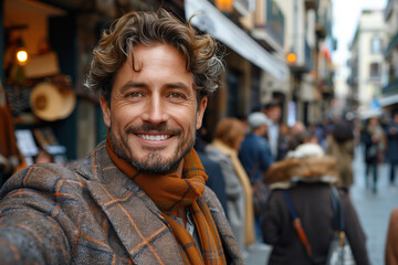 Fototapeta premium Man taking selfie on bustling city street