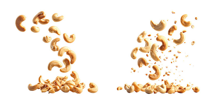 Cashews falling and scattered on a transparent background.