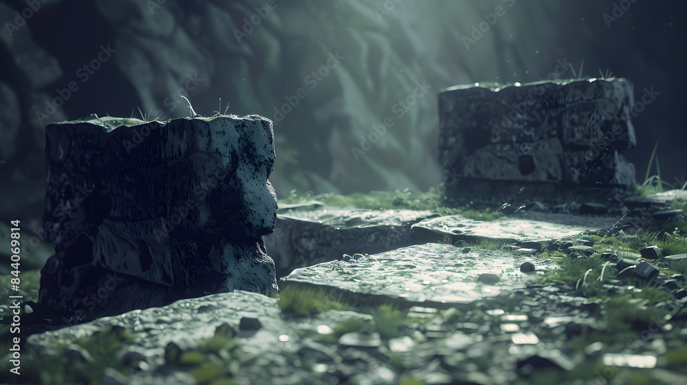 Poster a shattered stone barrier with a significant gap in the middle. the backdrop is shadowy and enigmati