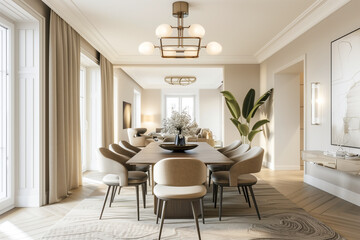 Elegant dining room with large windows and plants