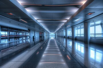 Fototapeta premium A train is seen passing through a long hallway