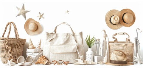 A collection of beach accessories including hats, sunglasses, and a tote bag