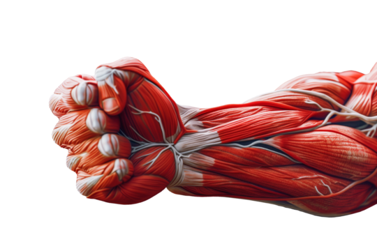 A highly detailed and anatomically accurate color drawing of a flexed muscular human arm, showcasing the intricate structure of muscles and tendons, ideal for medical and educational use. - Powered by Adobe