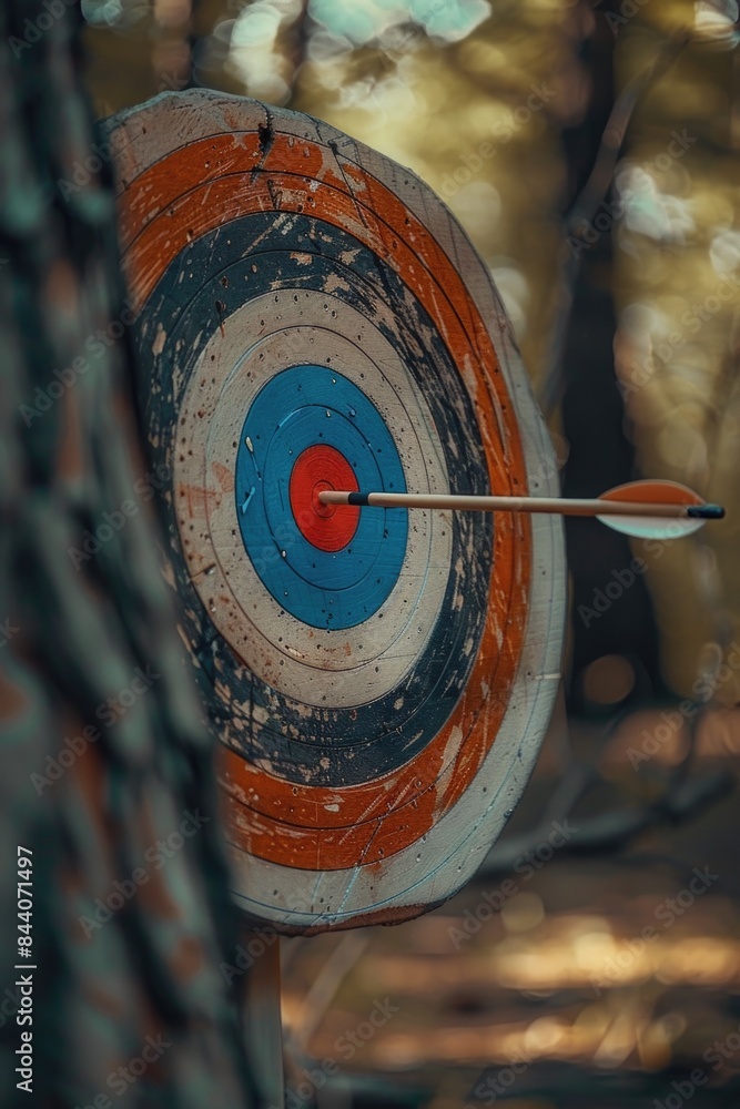 Poster A picture of an arrow stuck in the center of a target, with details of the surrounding area not visible