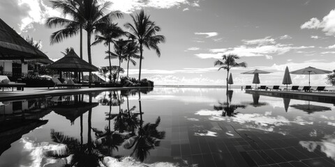 A classic black and white photo of an empty swimming pool with clean lines and minimal distractions