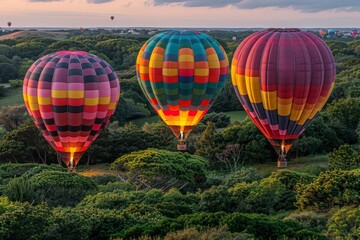 Obraz premium Three Colorful Hot Air Balloons Soaring Over Green Trees at Sunset
