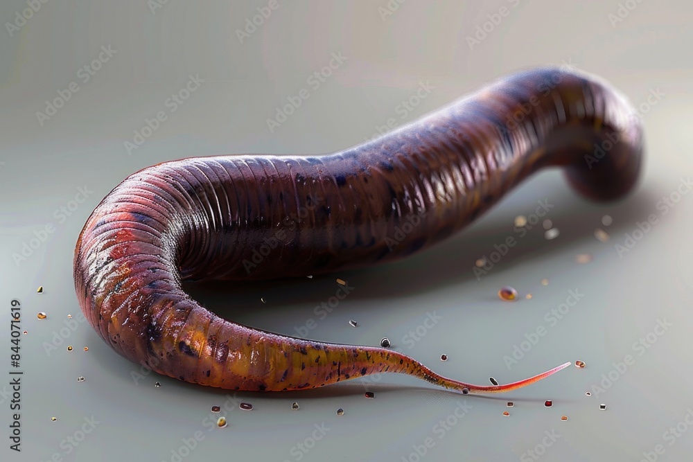 Poster A close-up image of a red and black worm sitting on a table