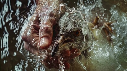 A person is holding a fish in a lake or river, possibly for fishing or display