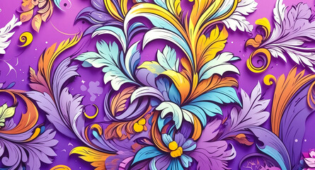 Abstract Floral Pattern with Purple, Yellow, Blue and White Colors