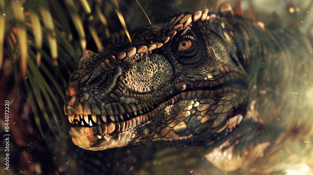 Poster A close-up image of a dinosaur's head with its mouth open, suitable for use in prehistoric or science-related contexts