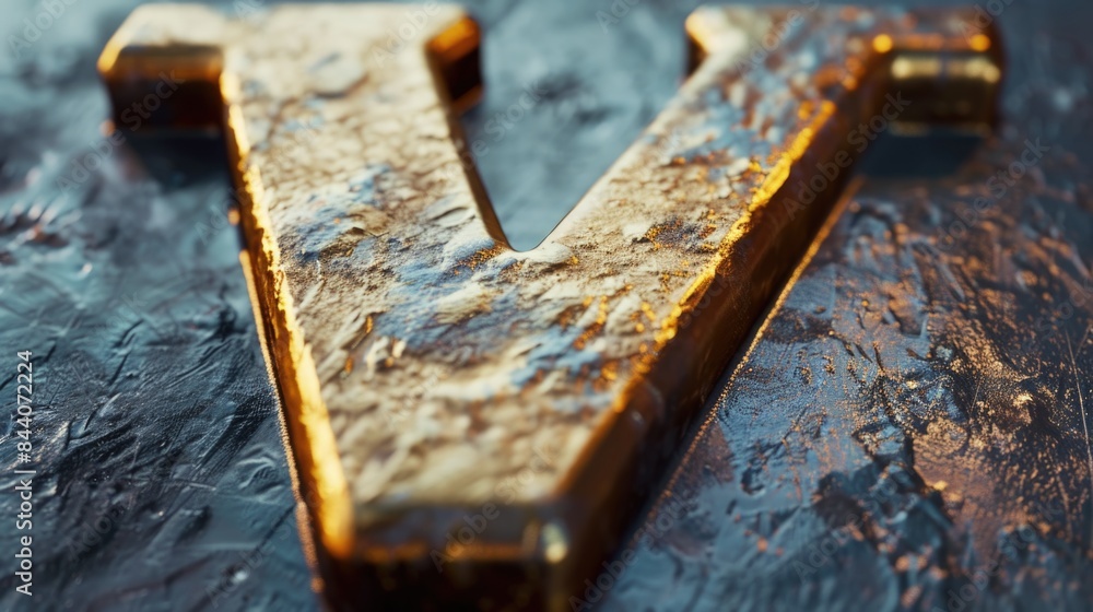 Poster close-up shot of the letter v on a metal surface, suitable for use in designs and layouts where a sp