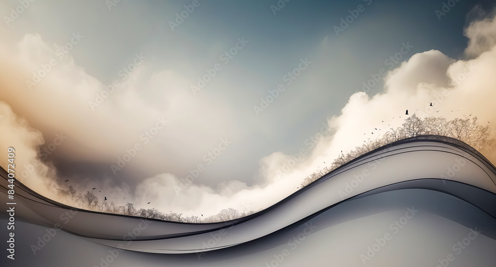 Poster Abstract Landscape with Clouds and Birds