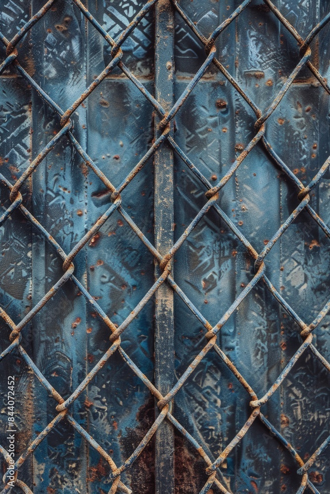 Poster a close-up view of a metal fence with signs of rust and decay
