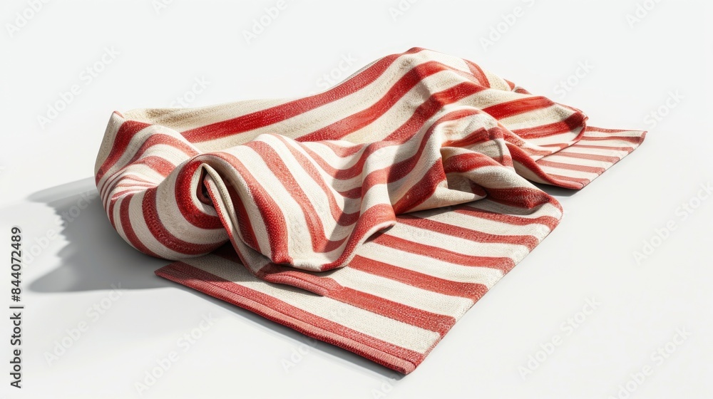 Poster a red and white striped towel lying on a white surface, ready for use