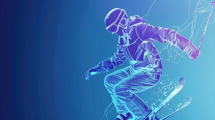 Fototapeta premium A person skiing down a snowy slope, with fresh powder and mountainous terrain