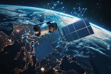 Satellite in space, with Earth below and digital connections on the ground 