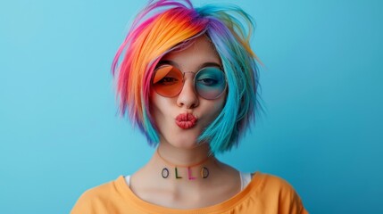 Beautiful woman with multicolored rainbow hair and creative make up and hairstyle Beauty face Generative Ai
