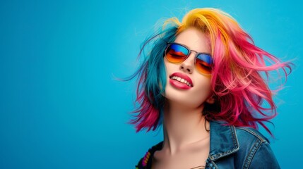 Obraz premium Beautiful woman with multicolored rainbow hair and creative make up and hairstyle Beauty face Generative Ai