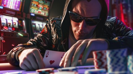 A person wearing a leather jacket plays a card game with friends or alone, suitable for use in scenes related to entertainment, leisure or social settings