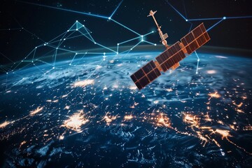 Satellite in space, with Earth below and digital connections on the ground 