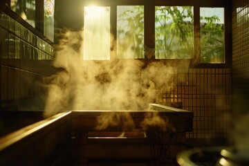 Steam rising from a hot tub in a bathroom setting, ideal for use in relaxation and wellness themes