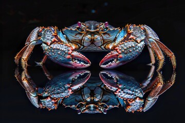 A single blue crab sitting on a black surface, great for use in seafood or beach themed designs