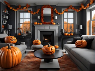 Obraz premium Living room decorated with pumpkins and bats design. 