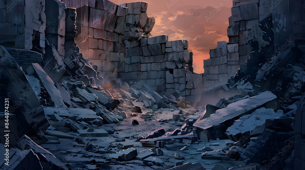 Poster a torn down wall of cinder blocks with a wide chasm in the center. the background is twilight and my