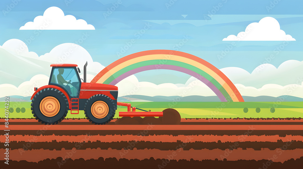 Poster a tractor is plowing the soil in the field. with a rainbow appearing after a light drizzle.