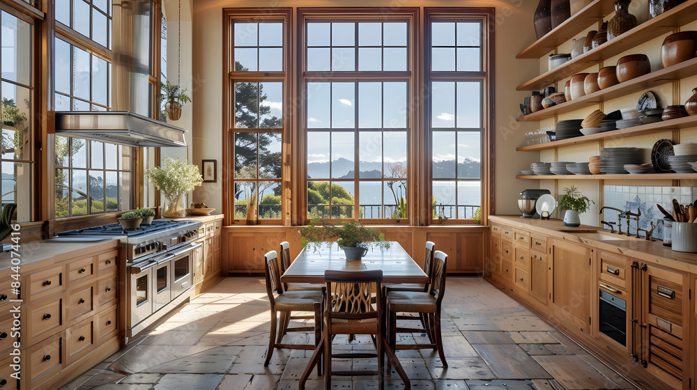 Poster a traditional kitchen with brown racks and a square table in the hub. huge windows with a view of th
