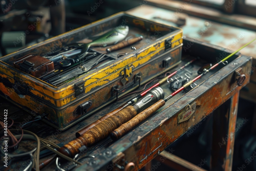 Poster A box filled with various tools sitting on top of a table