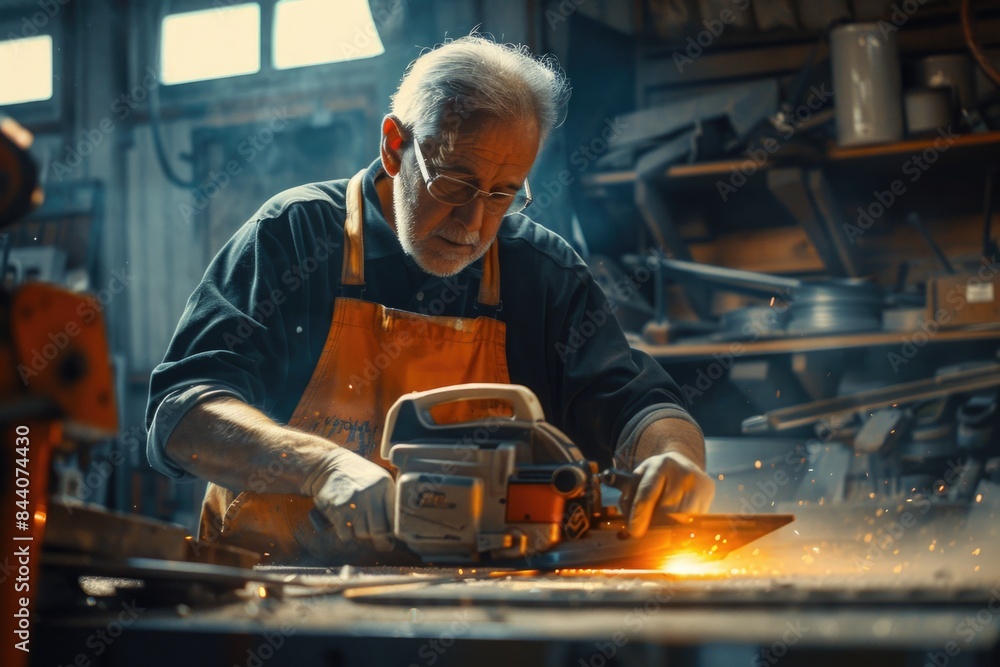 Poster a person operating a circular saw in a workshop setting, great for construction or diy projects
