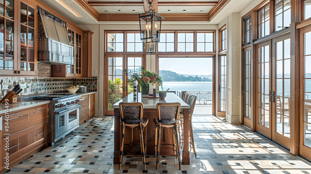 Poster a traditional kitchen with brown racks and a square table in the hub. huge windows with a view of th