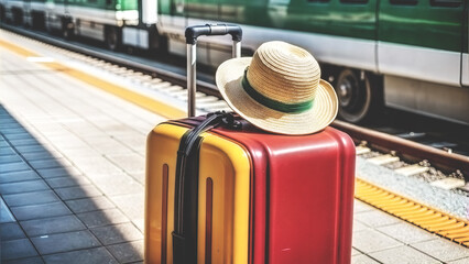 Suitcase and hat on the platform of the railway station. Time for vacation and travel.