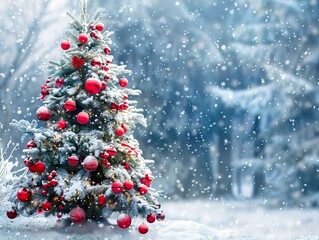 A Christmas tree covered in snow and red ornaments