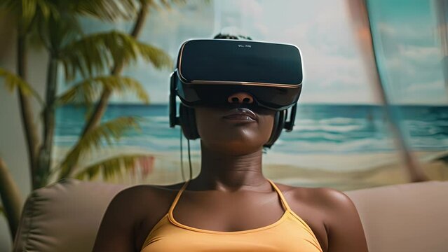 A patient dons a virtual reality headset and is transported to a serene beach scene during their counseling session.