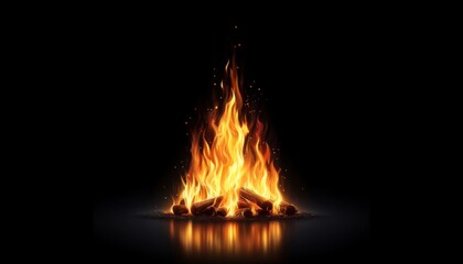 Wood fire burning with intense flames against a black background. The fire includes visible logs of wood, glowing embers, and flickering flames.