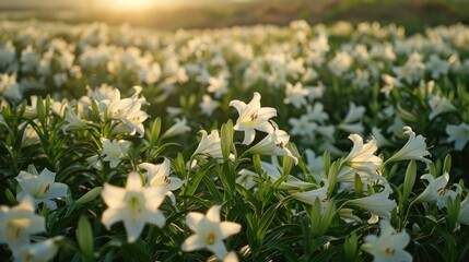 Field filled with trumpet white lilies