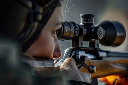 A woman prepares to shoot with a rifle, a serious moment captured
