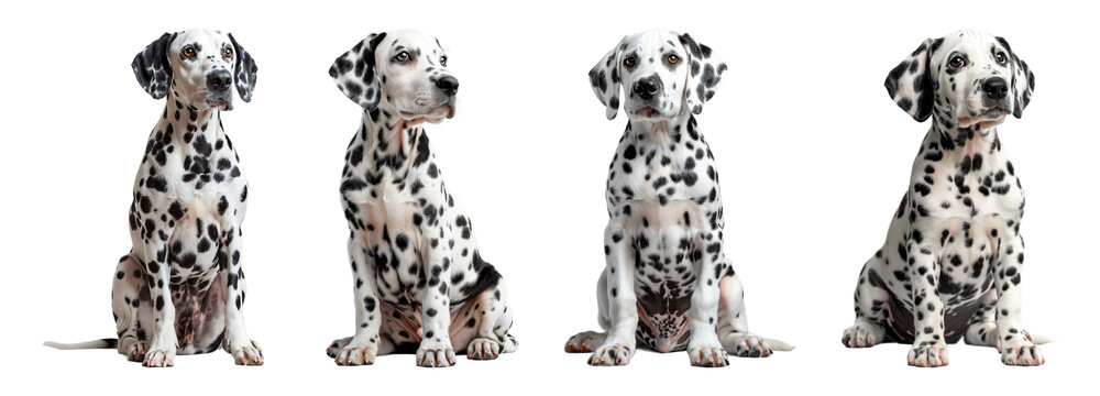 Four Dalmatians sitting in different poses.