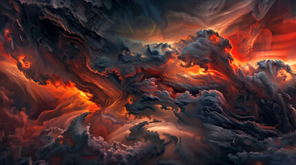 A dramatic, abstract scene with swirling dark clouds interspersed with fiery red and orange highlights, creating a sense of tumultuous energy and intensity