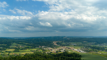 Aerial view rural landscape farms villages picturesque green
