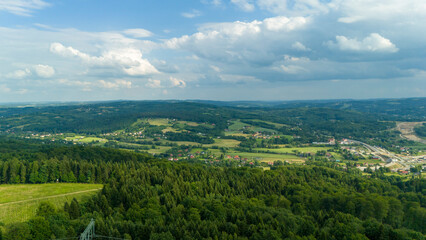 Aerial view rural landscape farms villages picturesque green