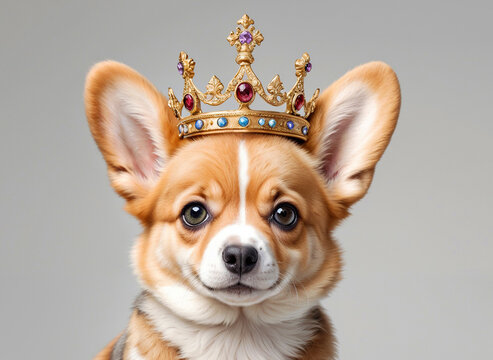 A cute corgi puppy dog with a royal crown on a plain background