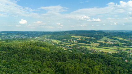 Obraz premium Aerial view rural landscape farms villages picturesque green