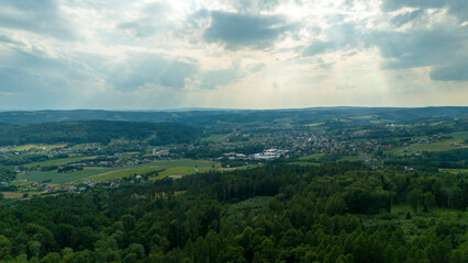 Aerial view rural landscape farms villages picturesque green